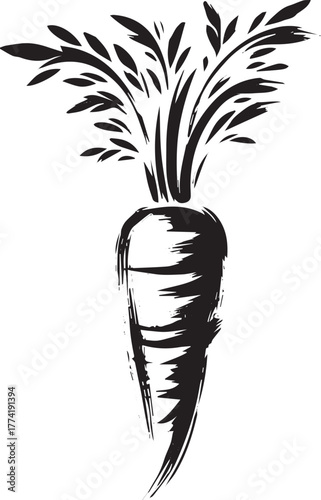 Abstract minimalist sumi-e style illustration of fresh carrot wi