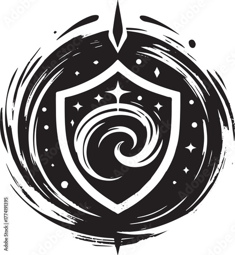 Monochrome abstract emblem of protection, stylized magical shiel