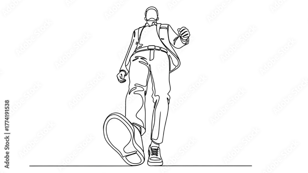 Fototapeta premium High-Quality Black Continuous Line Art of Person Walking Confidently, Low Angle Upward View, Dynamic Tall Pose on White Background