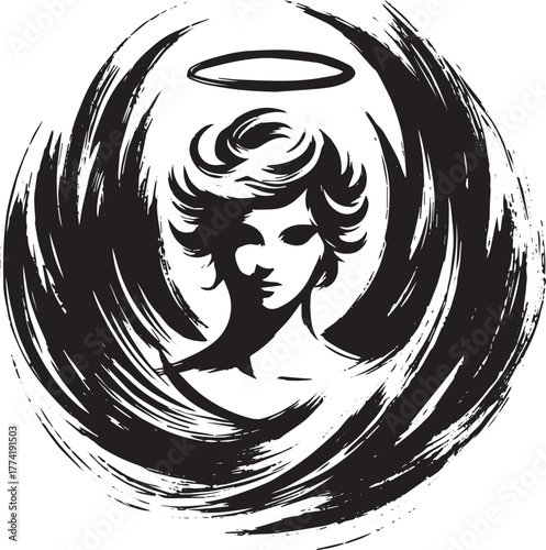 Ethereal guardian rendered in ink strokes, haloed figure with ex