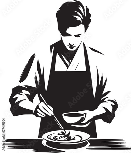 Monochromatic culinary art featuring a chef meticulously plating