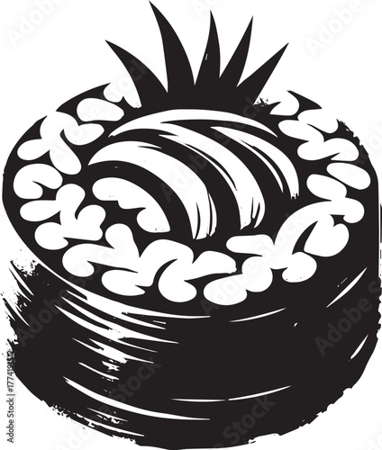 Monochrome Sumi-e depiction of a Japanese Chirashi Sushi art ill