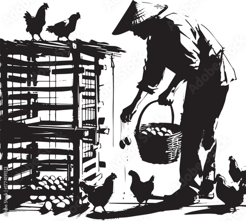 Sumi-e illustration of a farmer gathering eggs from a traditiona
