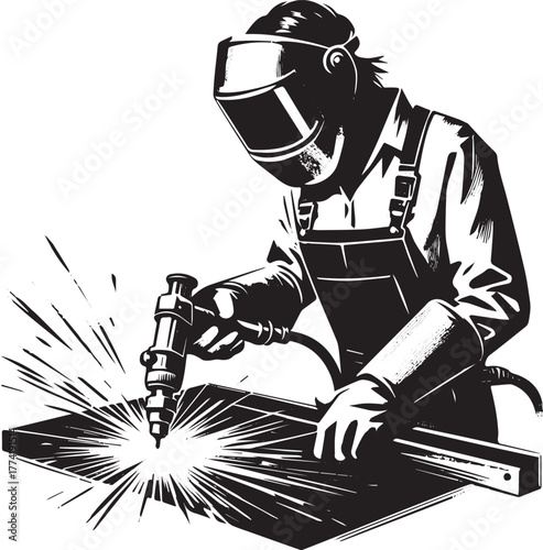 Monochrome illustration of a skilled worker cutting metal with p