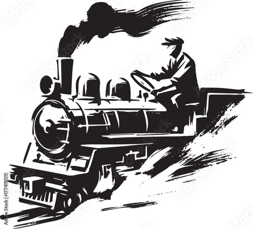 Monochromatic rendering of a steam train and operator in brush s