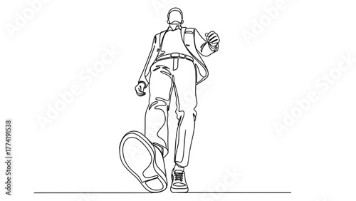 High-Quality Black Continuous Line Art of Person Walking Confidently, Low Angle Upward View, Dynamic Tall Pose on White Background