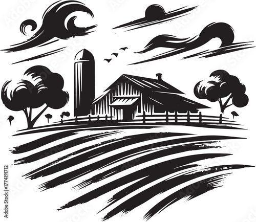Monochrome sumi-e illustration of a serene rural farmland landsc