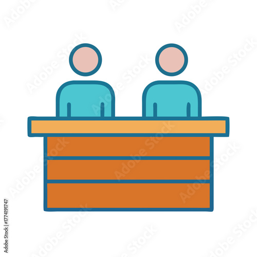 Two people behind a sales counter icon illustration