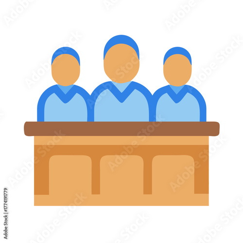 Three faceless figures sitting behind a counter illustration