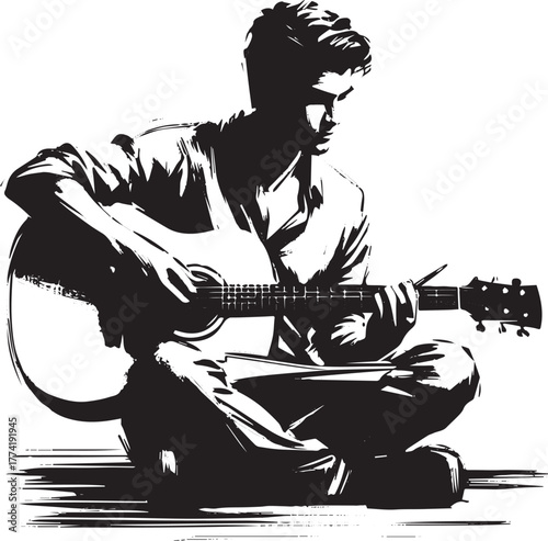 Monochrome musical moment: Sumi-e style illustration of a man pl