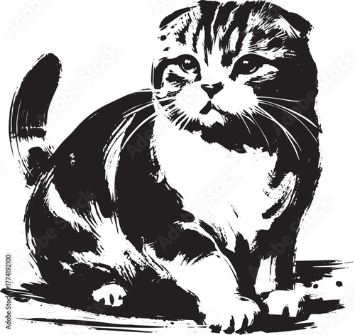 Expressive Ink Wash Portrait of a Scottish Fold Cat in Black and