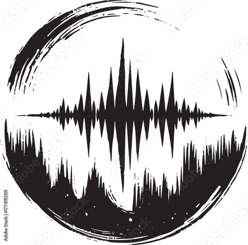 Abstract sumi-e style sound waveform in a brushed circle, minima