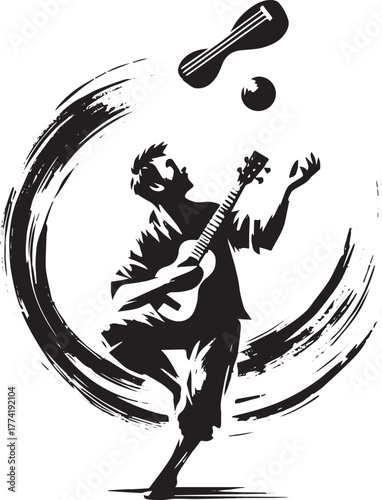Monochrome artistry: Juggling ukulele virtuoso in expressive bru
