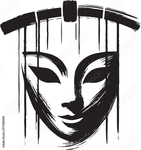 Abstract theatrical visage artwork in monochrome brushstroke sty