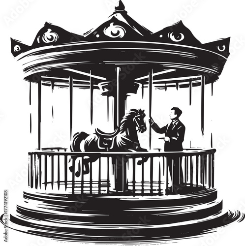 Monochrome Sumi-e Illustration of a Man Operating a Merry-Go-Rou