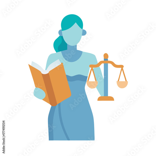 Flat illustration of female lawyer with scales and book