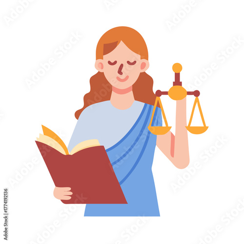 Lady Justice studying law while holding scales of justice
