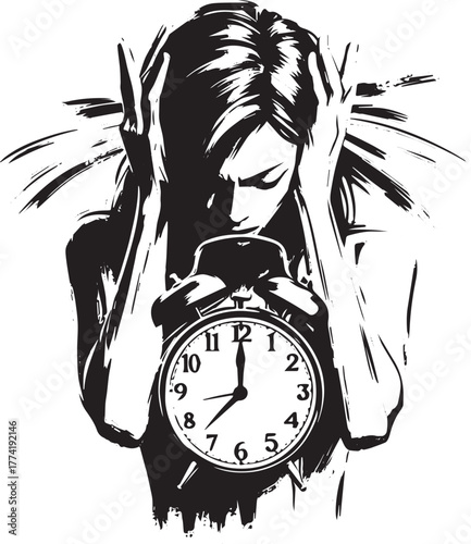 Frustrated woman silencing alarm clock, sumi-e style illustratio