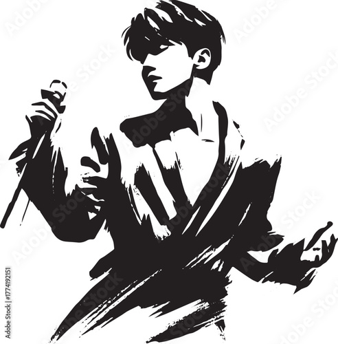 Monochrome brushstroke portrait of expressive K-Pop musician sin