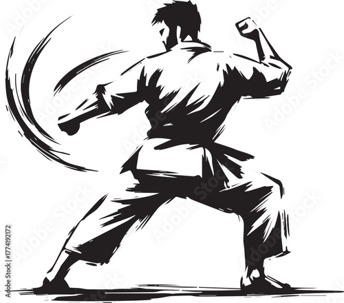 Dynamic sumi-e illustration of martial artist executing elbow st