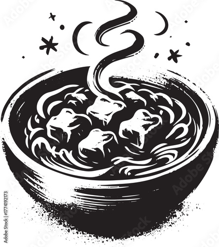 Delicious goulash illustration, rustic hand drawn bowl of steami