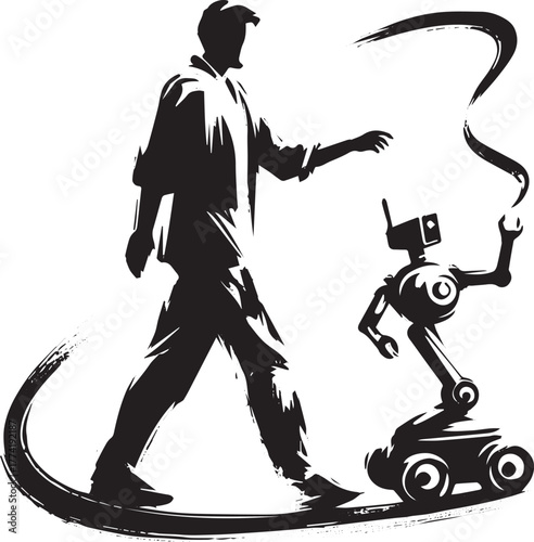 Ink illustration of a man guiding a robot on a minimalist journe