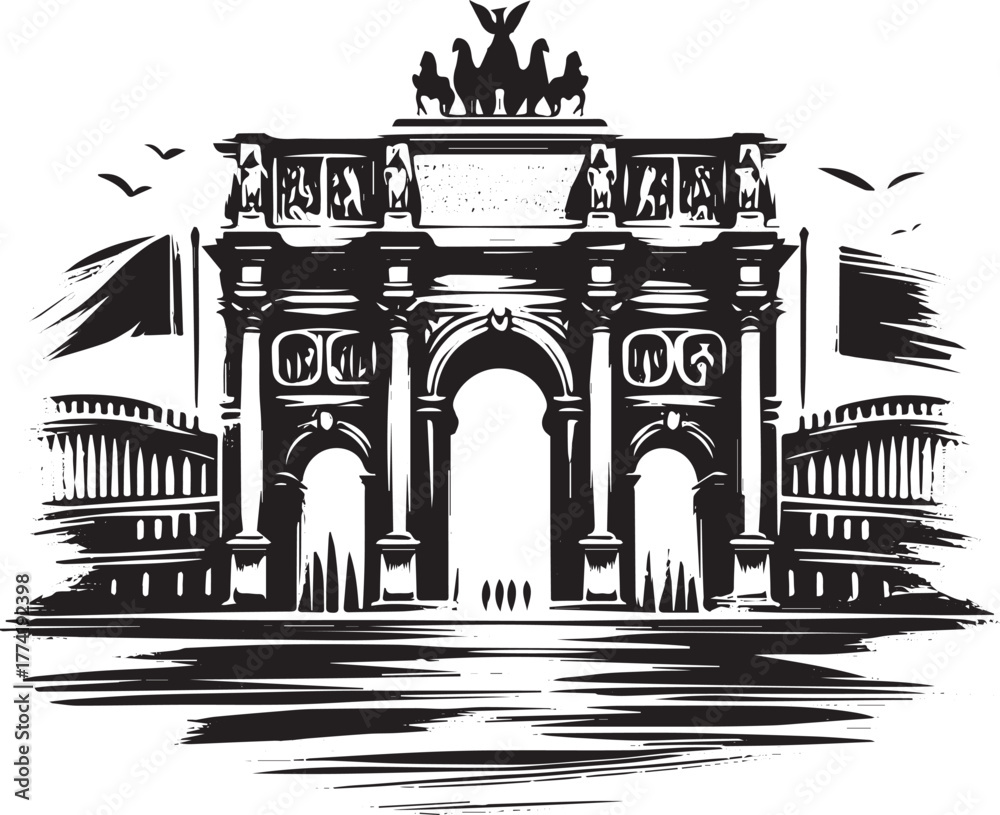 Fototapeta premium Monumental gate architectural artwork in sumi-e minimalist style
