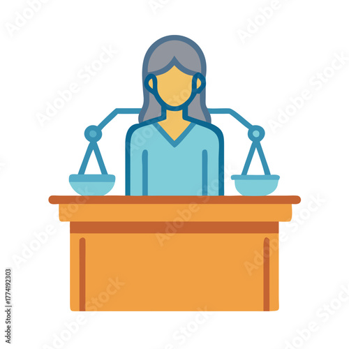 Female judge with balance scales in flat illustration style