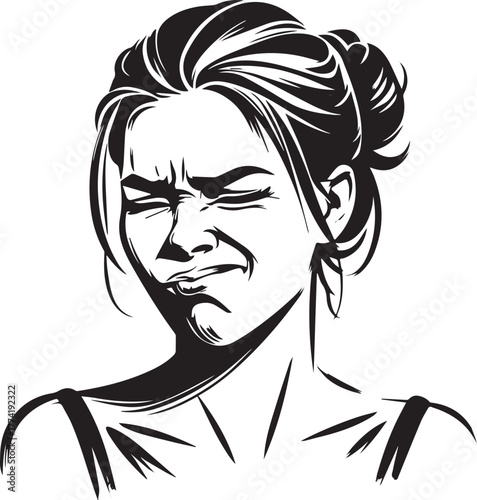 Expressive monochrome portrait of a woman displaying a cringe re