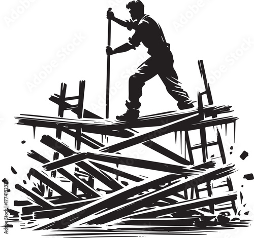 Resilient Man Stabilizing the Ruins After Calamity, Post Earthqu