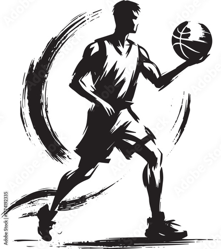 Dynamic basketball player illustration in black and white sumi-e