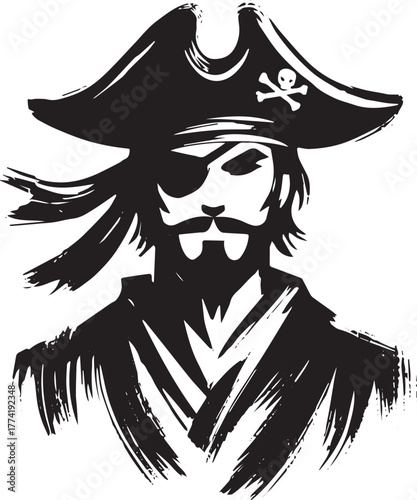 Stylized Pirate Silhouette Illustration in Brush Stroke Sumi-e T