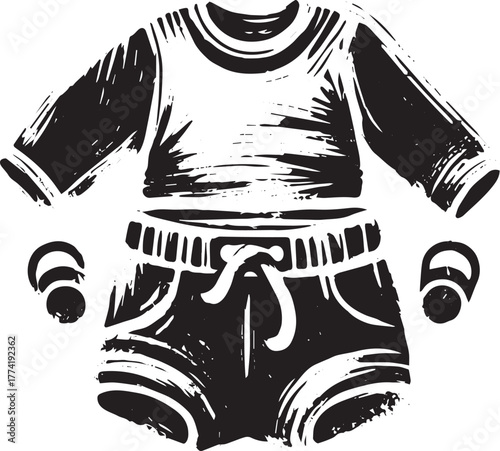 Infant apparel illustration in sumi-e style, minimalist baby clo