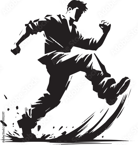 Dynamic sumi-e illustration: A man stomping with resolve in mini
