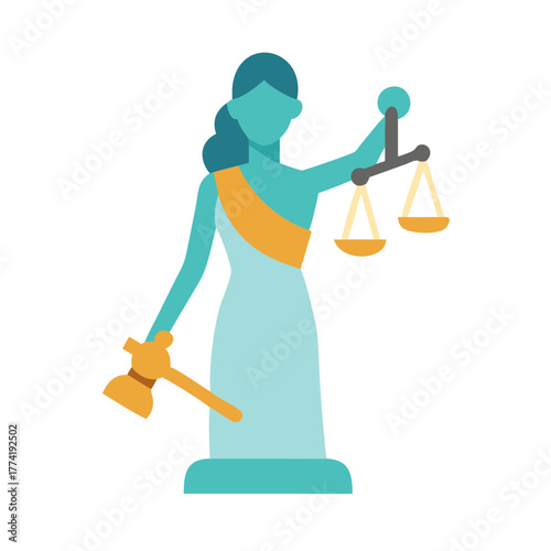 Flat illustration of Lady Justice with scales and hammer