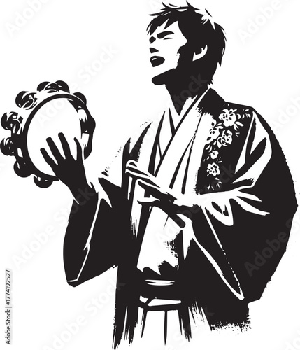 Monochrome ink painting illustration of a musician playing tambo