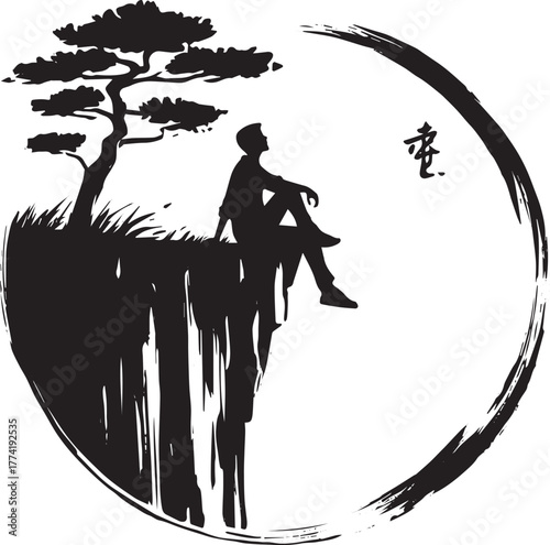 Black and white sumi-e illustration depicting a man sitting near