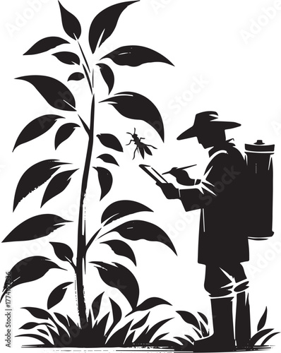 Monochrome illustration of a man inspecting leaves, embodying mi