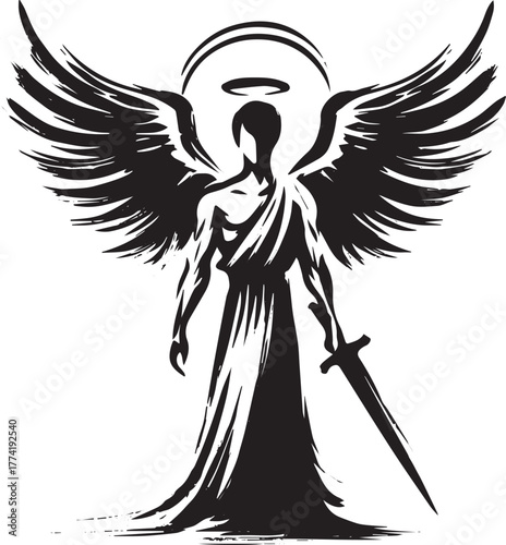 Monochrome vector depiction of a winged figure wielding a sharp