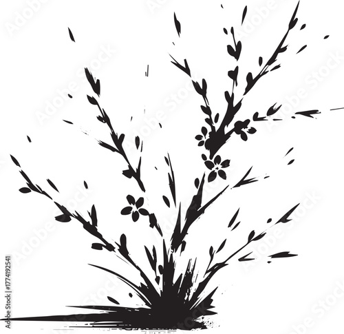 Minimalist sumi-e illustration of a blossoming forsythia shrub i