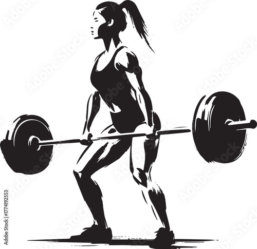 Sumi-e illustration of a woman performing a deadlift with streng