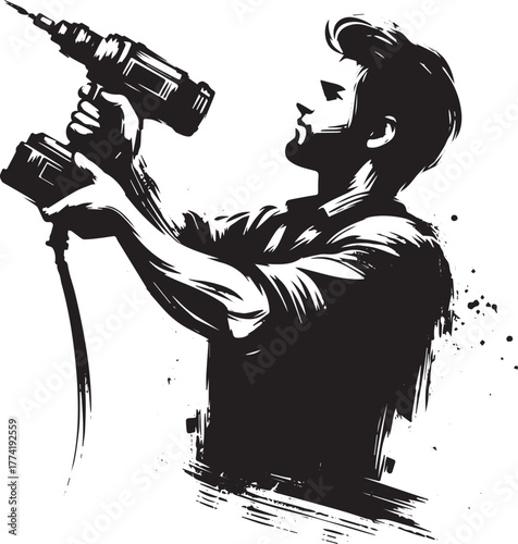 Monochrome illustration of a handyman using an impact wrench too