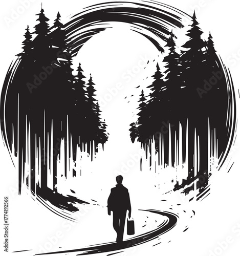Solitary journey: A monochromatic silhouette of a man in a dense
