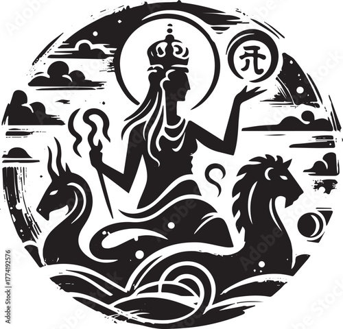 Illustrative celestial deity symbol in sumi-e style, mythical en