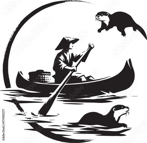 Peaceful river journey, man in canoe with otters, sumi-e style i