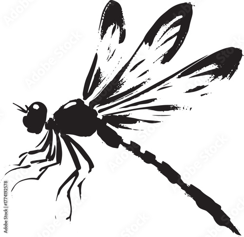 Minimalist monochrome illustration of a dragonfly in expressive