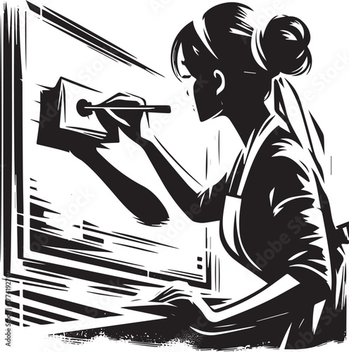 Elegant sumi-e style artwork of a woman meticulously cleaning a