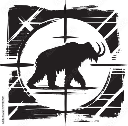 Monochromatic mammoth icon, minimalist paleo design with sumi-e