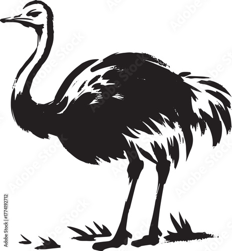 Monochrome elegance, sumi-e style ostrich evoking natural simpli