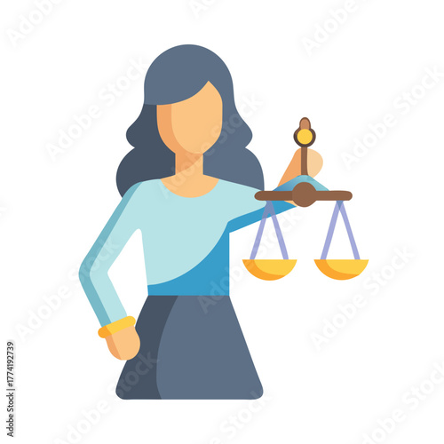 Flat graphic icon: Woman holding balance scales of justice
